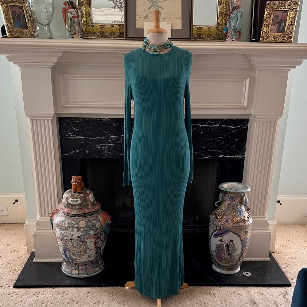 “Future Collective” Elegant Ribbed Long-Sleeve Maxi Dress in Teal